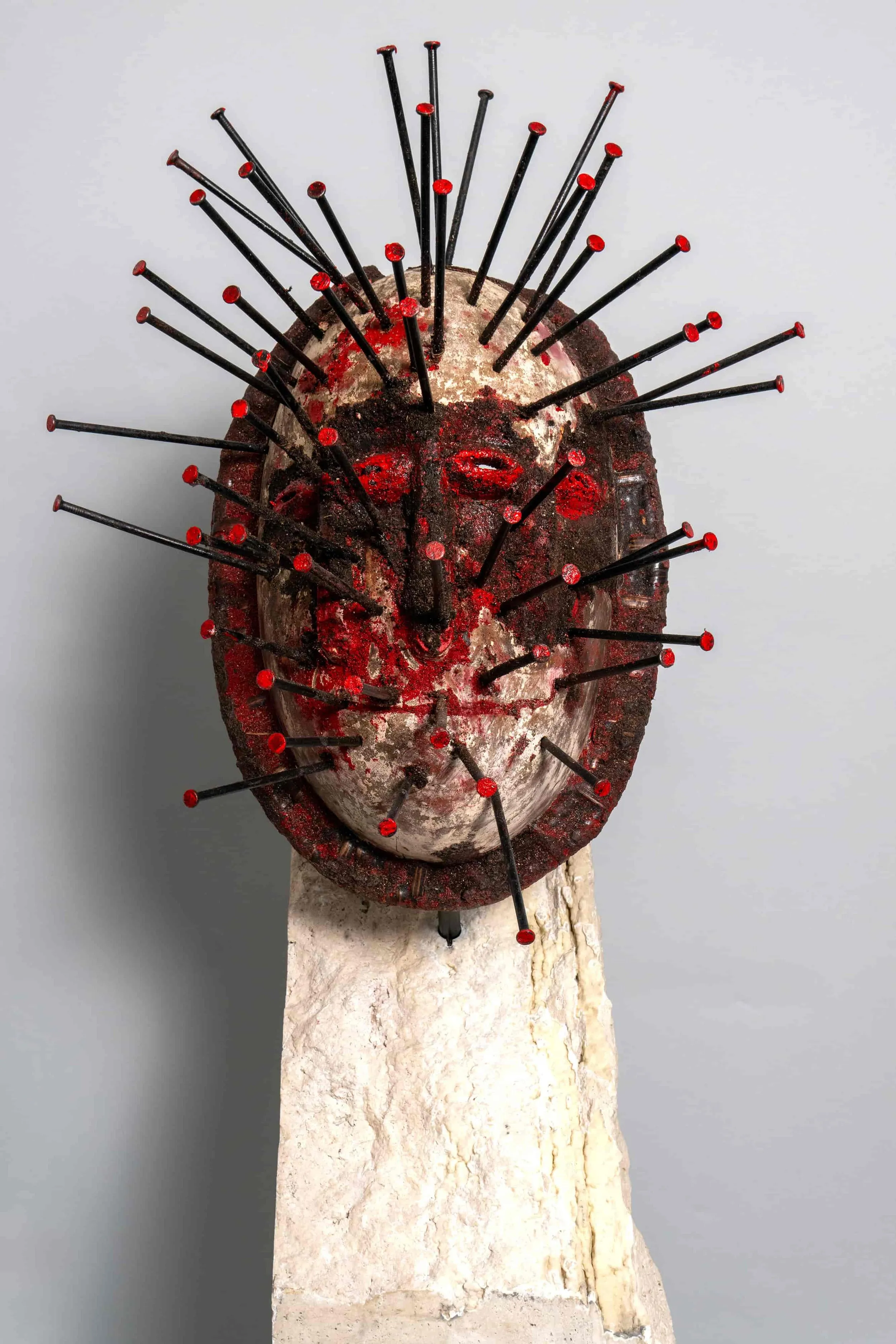 Sunshowers, west african wood, roman travertine, iron, earth, and acrylic pigment (view 2 of 2)